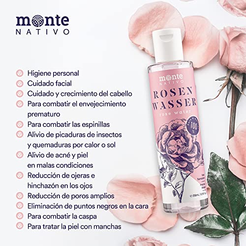 Agua de rosas MonteNativo, 1 x 500 ml, 100% natural, tónico facial real, puro y natural, hidrolato de rosas naturales, agua de limpieza, cosmética natural, agua de rosas (500 ml)