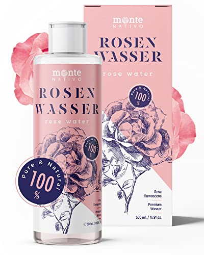 Agua de rosas MonteNativo, 1 x 500 ml, 100% natural, tónico facial real, puro y natural, hidrolato de rosas naturales, agua de limpieza, cosmética natural, agua de rosas (500 ml)