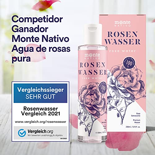 Agua de rosas pura MonteNativo, 2 unidades de 500 ml (1000 ml) 1 litro – 100% natural, tónico facial puro y natural, hidrolato de rosas natural, doble destilación al vapor de agua, agua rosa