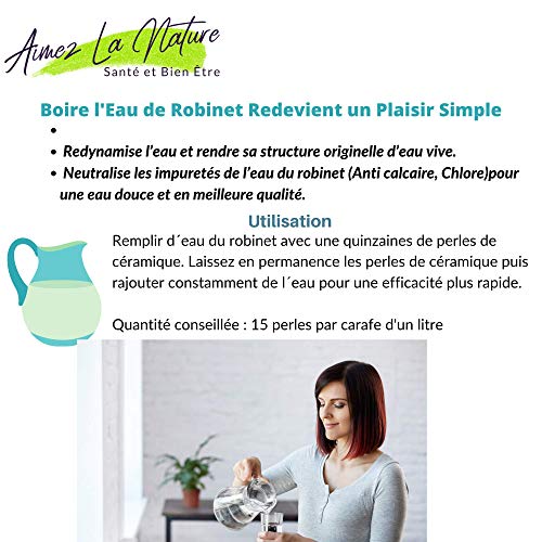 Aimez La Nature 35 perlas de cerámica EM® con un bonito paquete ecológico y bolsa de algodón certificado biológico, purificador natural de agua Robinet, filtro de agua para jarra hervidor