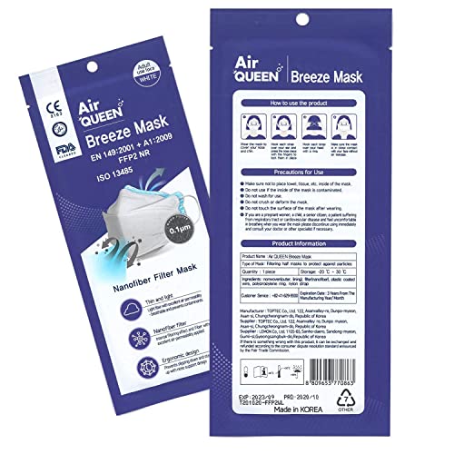 Air Queen Breeze Mask Mascarillas FFP2 Homologadas Nanofibras Nanotecnología CE FFP NR EN149:2001 + A1:2009 ISO 13485 – 25 Horas de Protección – Pack de 10 Mascarillas en Blisters Individuales