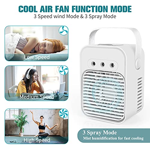 Aire Acondicionado Portátil, Mini Enfriador de Aire Evaporativo con USB, Ventilador, Humidificador, 3 Velocidadesre Climatizador Evaporativo con Luz Nocturna Bajo Ruido para Hogar Oficina Viajes