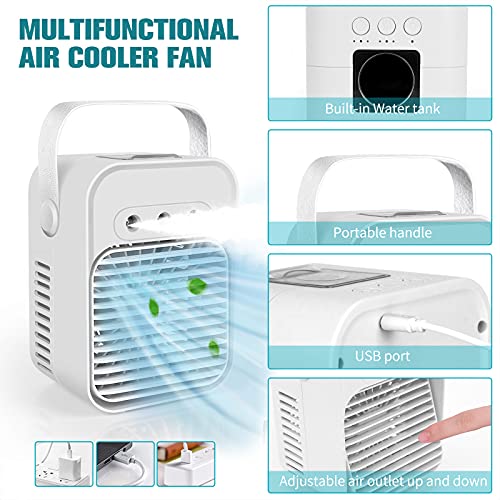 Aire Acondicionado Portátil, Mini Enfriador de Aire Evaporativo con USB, Ventilador, Humidificador, 3 Velocidadesre Climatizador Evaporativo con Luz Nocturna Bajo Ruido para Hogar Oficina Viajes