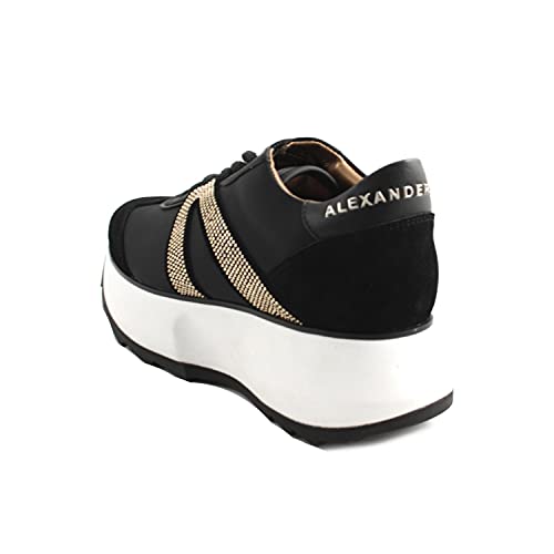 ALEXANDER SMITH Zapatillas casuales para mujer, fabricadas en Londres, piel negra y pedrería dorada, fondo de goma con alzador, Negro , 38 EU