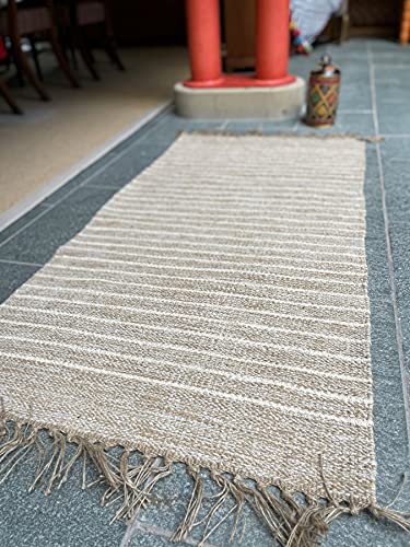 Alfombra, algodón y yute natural, 70 x 130 cm, diseño de rayas, color beige y crema, de Second Nature