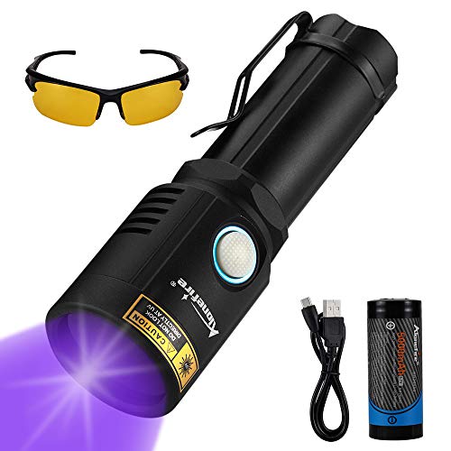 Alonefire X901UV 10W 365nm Linterna UV Profesional Recargable USB Linterna Ultravioleta Potente Mascotas Orina Detector para Curado de Resina, Mancha Seca con Gafas de Protección UV, Batería Litio