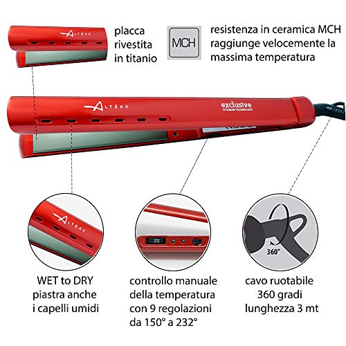 ALTÉAX® Exclusive - Plancha para el pelo profesional alisadora de titanio, con resistencia de cerámica – Regulación de la temperatura hasta 230° + Funda de piel sintética fabricada en Italia