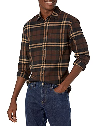 Amazon Essentials - Camisa de franela a cuadros de manga larga y ajuste regular para hombre, Marrón (Brown Plaid), US L (EU L)