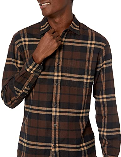 Amazon Essentials - Camisa de franela a cuadros de manga larga y ajuste regular para hombre, Marrón (Brown Plaid), US M (EU M)
