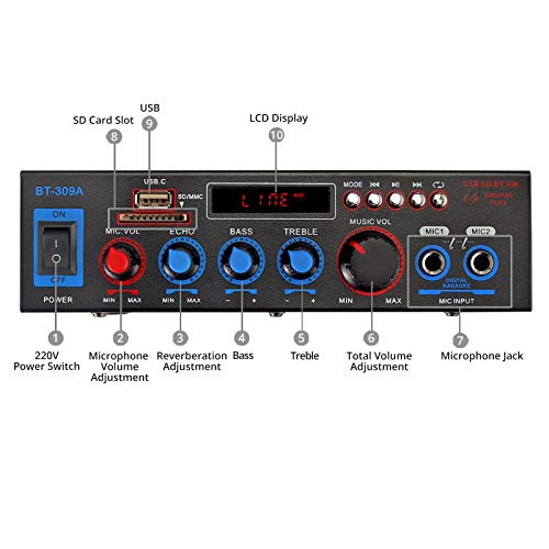 Amplificador de Audio Estéreo Bluetooth 800W Amplificador de Audio HiFi Digital Función Radio FM Tarjeta TF SD Dos Microfonos para Automoviles Hogar