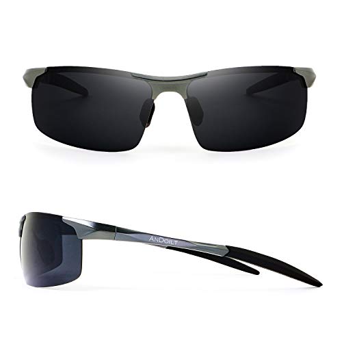 ANDOILT Gafas de Sol Polarizadas para Hombre Deportivas Protección UV Súper Ligero Al-Mg Marco De Metal Gris Marco Gris Lente