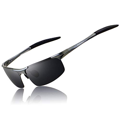 ANDOILT Gafas de Sol Polarizadas para Hombre Deportivas Protección UV Súper Ligero Al-Mg Marco De Metal Gris Marco Gris Lente