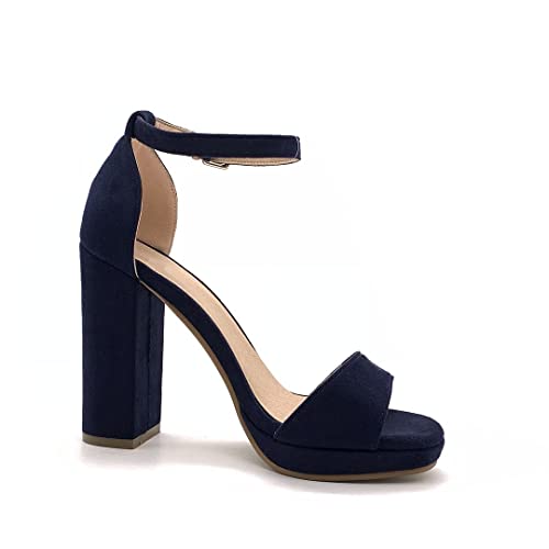 Angkorly - Zapatillas Moda Tacón escarpín Sandalias Abierto La Noche Matrimonio Ceremonia Mujer básica  Tacón Ancho Alto 12 CM - Azul Marino 4 W05-6 T 39