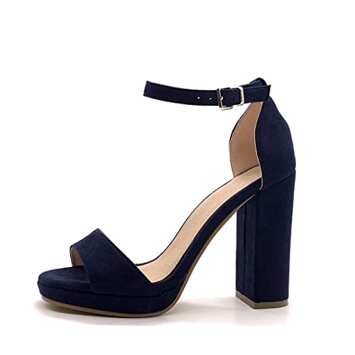 Angkorly - Zapatillas Moda Tacón escarpín Sandalias Abierto La Noche Matrimonio Ceremonia Mujer básica  Tacón Ancho Alto 12 CM - Azul Marino 4 W05-6 T 39