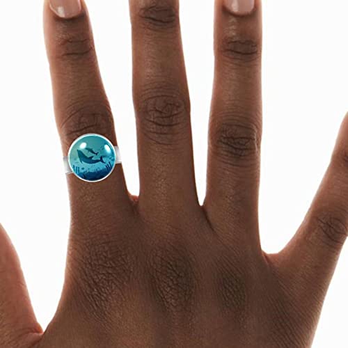 Anillos de dedo ajustables para mujeres, niñas, hombres, lindos, delfines, azul océano fondo