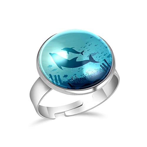 Anillos de dedo ajustables para mujeres, niñas, hombres, lindos, delfines, azul océano fondo