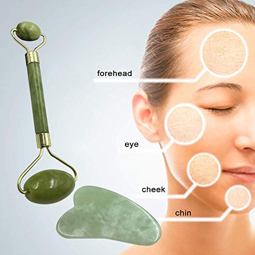 Anself Rodillo y raspado de Jade con gua sha con funda protectora para el cuidado de la piel facial Conjunto antiedad de piedra de jade facial