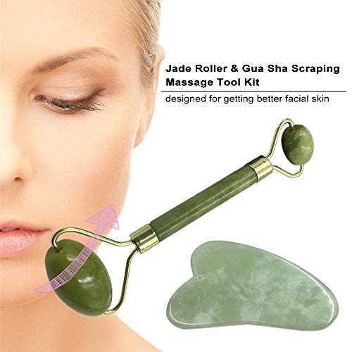 Anself Rodillo y raspado de Jade con gua sha con funda protectora para el cuidado de la piel facial Conjunto antiedad de piedra de jade facial