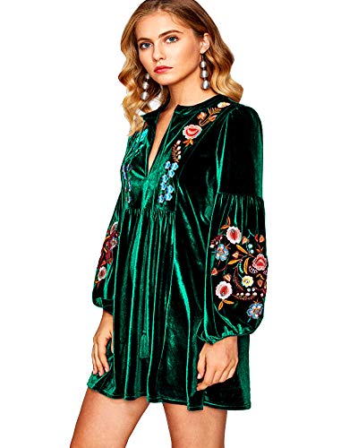 Aox Women Vintage Manga Larga Floral Bordado Una Línea De Terciopelo Suelto Vestido Corto Señora Fiesta Swing Falda Más Tamaño, verde, 50