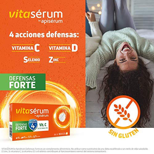 Apiserum Vitasérum Defensas Forte 30 comprimidos , Vitamina C (600 mg), D3, Selenio y Zinc, Ayuda a Tu Sistema Inmunitario, Cansancio y Fatiga, Comprimidos Efervescentes, Anaranjado, 30 días