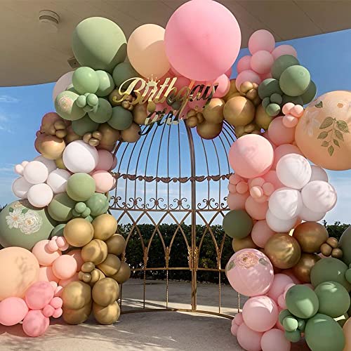 Arco de Globos,Kit de Guirnaldas Globos de Cumpleaños, Rosa Verde Blanco Globo Dorado Metalizado Arco Globos 92 Piezas para Feliz Cumpleaños Photocall Bodas Comunion Baby Shower Decoración