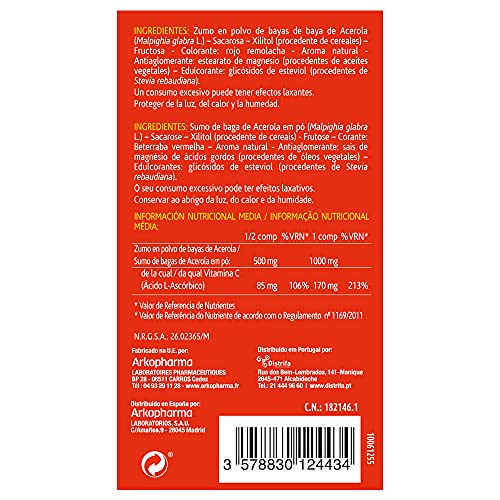 Arkopharma Arkovital Acerola 1000 30 Comprimidos, Refuerzo Del Sistema Inmune, Vitaminas Naturales De Mayor Absorción, Vitamina C 100% Natural