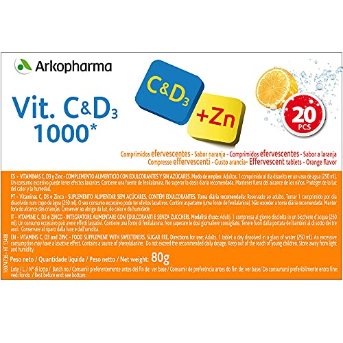 Arkopharma Vitamina C&D3 + Zinc 20 Comprimidos Efervescentes X2, Asociación de vitaminas más potente del mercado, Refuerzo Sistema Inmune, Huesos, Menopausia