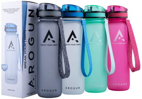 AROGUN Botella premium – 1 L, botella de agua a prueba de fugas, botella deportiva sin BPA, con infusor de frutas, marca de tiempo/hora, transparente, escuela, deportes, al aire libre, oficina (rosa)