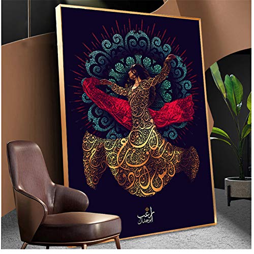 Arte árabe Cartel e impresión Pintura sobre lienzo Sufismo islámico Derviche giratorio Imagen Mulism Dance Girl Religión Decoración-60x90cm Sin marco