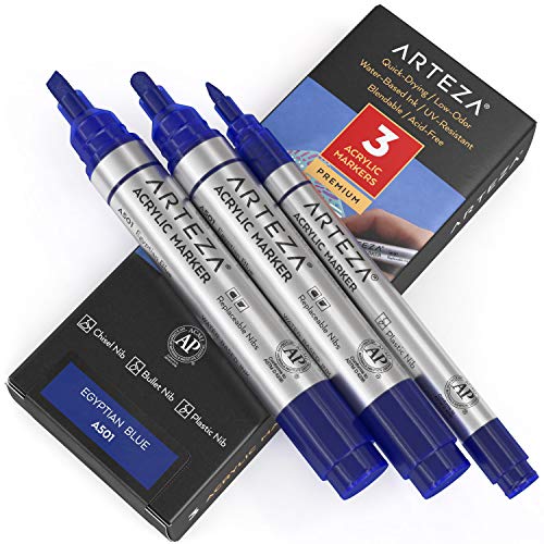 Arteza Rotuladores para pintar, pack de 3, A501 Azul Egipcio, 1 rotulador punta fina y 2 de punta gruesa (cincel y bala), acrílico para metal, lienzo, piedra, cerámica, vidrio, madera y tela