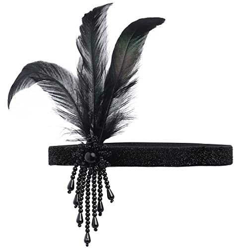 ArtiDeco 1920 Diadema de Pluma con Cuentas Cinta para el Pelo con Cristal Vintage Años 20 Flapper Pelo Banda de Pluma Disfraz Gatsby Accesorio