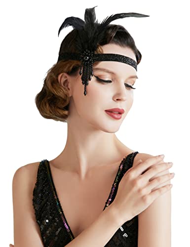 ArtiDeco 1920 Diadema de Pluma con Cuentas Cinta para el Pelo con Cristal Vintage Años 20 Flapper Pelo Banda de Pluma Disfraz Gatsby Accesorio