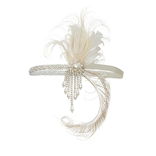 ArtiDeco 1920 Diadema de Pluma de Pavo Real Cinta para el Pelo con Cuentas Vintage Años 20 Flapper Pelo Banda de Pluma con Perlas Disfraz Gatsby Accesorio