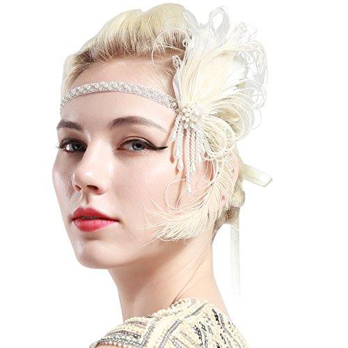 ArtiDeco 1920 Diadema de Pluma de Pavo Real Cinta para el Pelo con Cuentas Vintage Años 20 Flapper Pelo Banda de Pluma con Perlas Disfraz Gatsby Accesorio