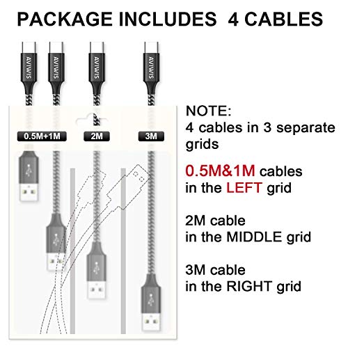 AVIWIS Cable USB Tipo C [4Pack 0.5M 1M 2M 3M] Cable Cargador USB C de Nylon Trenzado Carga Rápida y Sincronización Compatible for Galaxy S10/ S9/ S8, para Huawei P20/ Mate20, LG G6, OnePlus 6T