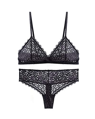 Awake Lingerie Selected Soft Lace Bralette Encaje y Bragas, Sexy Sujetador Transparente sin Aro sin Relleno, Conjunto de Lencería Mujer (Small, Negro)