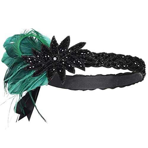 BABEYOND Diadema estilo años 20 con plumas para mujer, charlestón, gran Gatsby, disfraz carnaval, accesorios, color verde oscuro