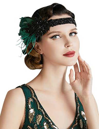 BABEYOND Diadema estilo años 20 con plumas para mujer, charlestón, gran Gatsby, disfraz carnaval, accesorios, color verde oscuro