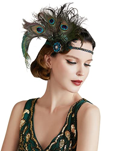 BABEYOND Diadema para mujer con plumas de pavo real, estilo años 20, inspirada en Gran Gatsby, accesorio pavo real