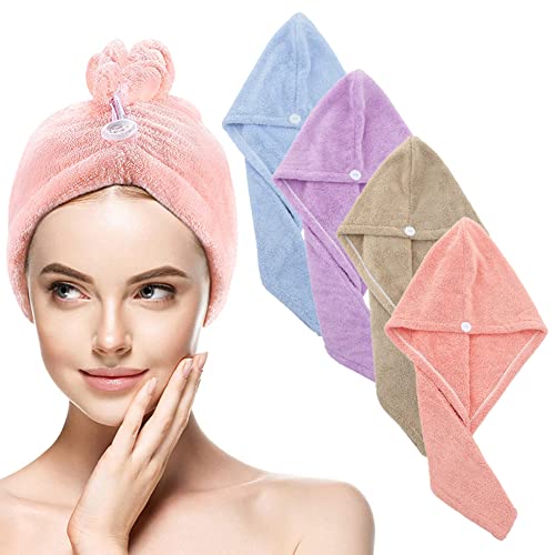 Babioms Toallas para Secar El Pelo, Juego de 4 Toallas de Microfibra Secado de Pelo,Muy Absorbentes,Turbante, Secado Rápido,con Botones, para Todos Los Estilos De Cabello (Color Café Azul Rosa Morado)