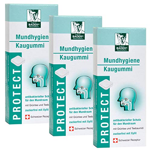 BADERs de la farmacia. Los chicles de higiene bucal. Protección antibacteriana para la boca con aceite de árbol de té, té verde y xilitol. 3 x 20 cuadrados de goma de mascar