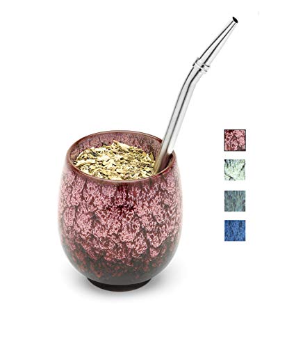 BALIBETOV Set de Mate - Taza Mate de Cerámica - Bombilla (Paja) y Cepillo de Limpieza Incluido - Calabaza Yerba Mate Moderna - Fácil de Limpiar y Mantener (Verano)