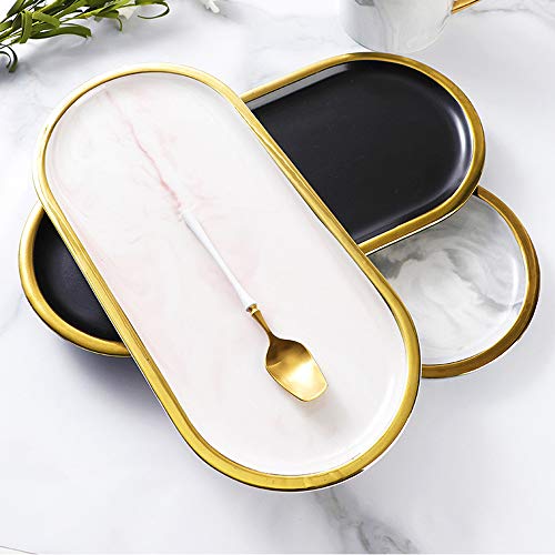 Bandeja grande de cerámica para joyas, soporte de almacenamiento de mármol, postre aperitivo para té, frutas y té, organizador de cosméticos, con borde dorado para aperitivos, velas, perfumes,(gris)