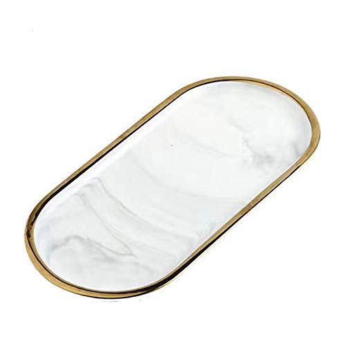 Bandeja grande de cerámica para joyas, soporte de almacenamiento de mármol, postre aperitivo para té, frutas y té, organizador de cosméticos, con borde dorado para aperitivos, velas, perfumes,(gris)