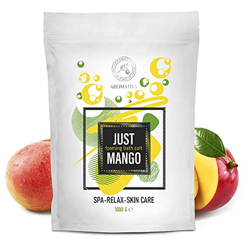 Baño de Espuma de Sal Marina MANGO 1000g - Sales de Baño de Burbujas con Aceite Almendra - Semilla de Uva - Extracto de Fruta de Mango - Espuma Relajante - Aromaterapia - Baños de Burbujas