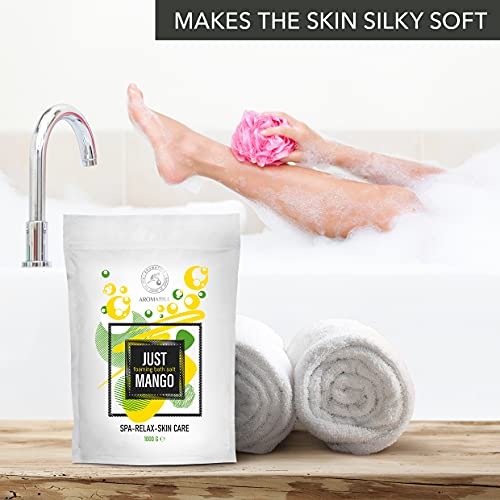 Baño de Espuma de Sal Marina MANGO 1000g - Sales de Baño de Burbujas con Aceite Almendra - Semilla de Uva - Extracto de Fruta de Mango - Espuma Relajante - Aromaterapia - Baños de Burbujas