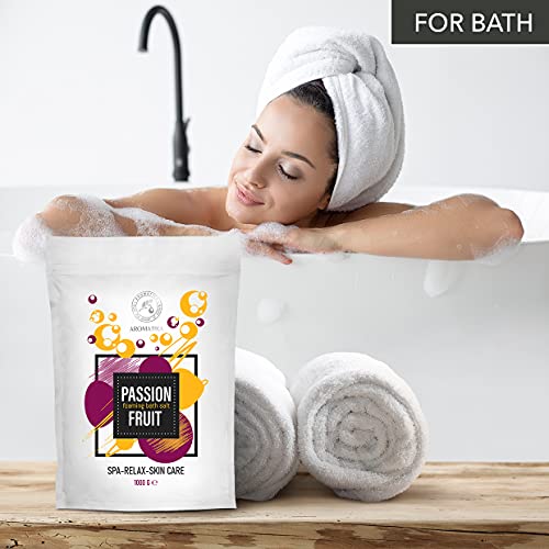 Baño de Espuma de Sal Marina Maracuyá 1000g - Sales de Baño de Burbujas con Aceite de Almendra - Semilla de Uva - Extracto de Fruta de la Pasión - Aromaterapia - Baños de Burbujas