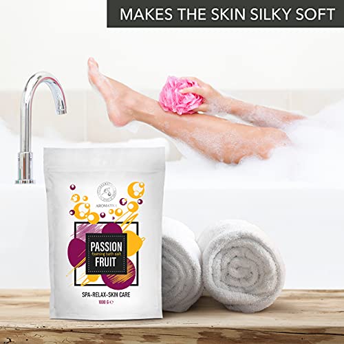 Baño de Espuma de Sal Marina Maracuyá 1000g - Sales de Baño de Burbujas con Aceite de Almendra - Semilla de Uva - Extracto de Fruta de la Pasión - Aromaterapia - Baños de Burbujas