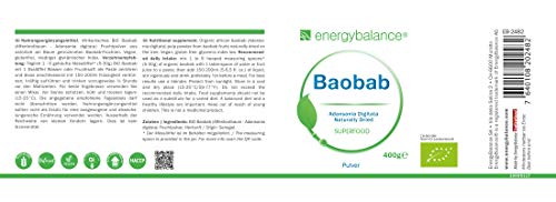Baobab polvo (baobab powder) ecológico - Bio Vitamina C - Bio Calcio - Bio Magnesio - Bio Potasio - Certificado orgánico - Sin Gluten - Vegano - Sin lactosa - 400g