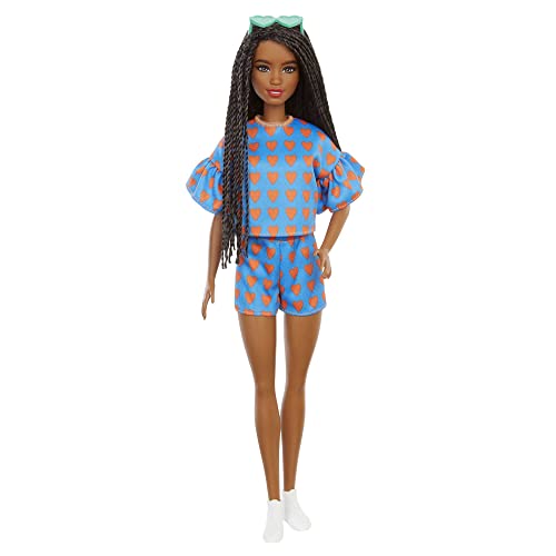 Barbie Fashionista Muñeca afroamericana con trenzas, conjunto de corazones y accesorios de moda de juguete (Mattel GRB63)